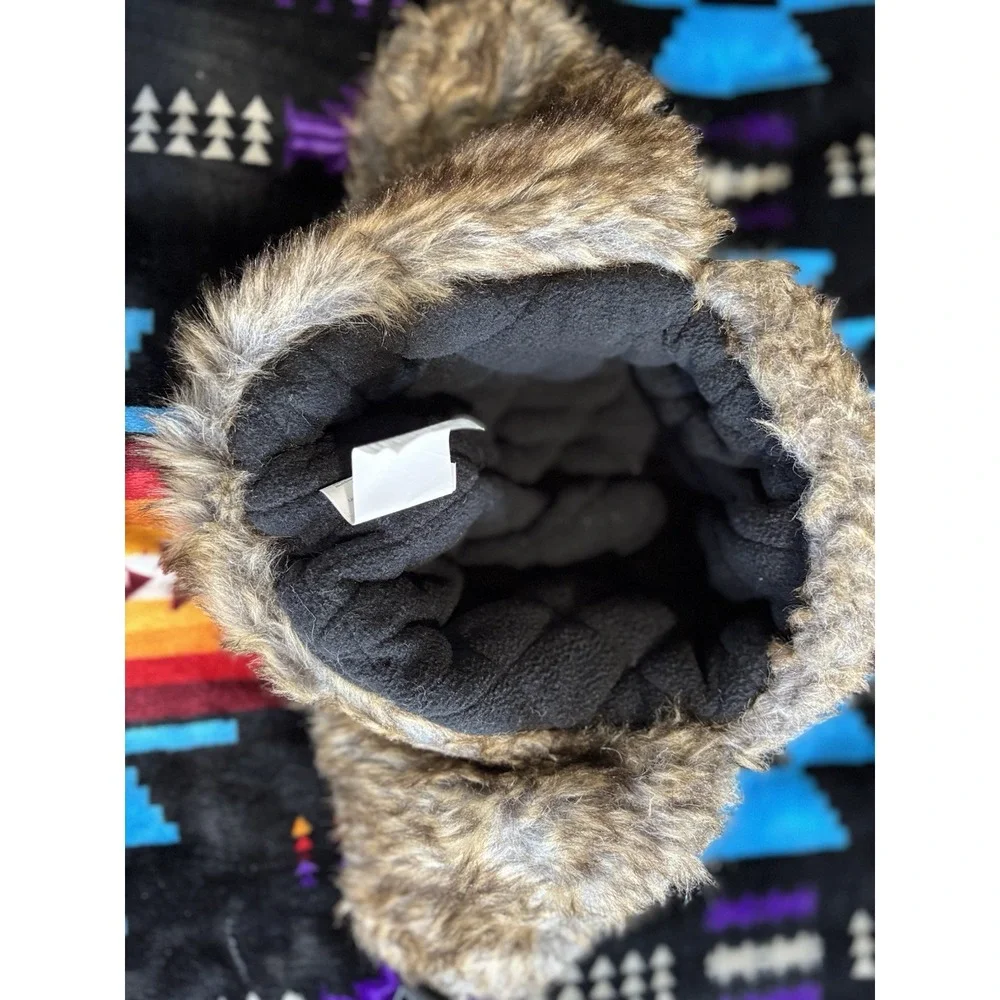 Kids Boys Faux Fur Hat Plaid Black/Gray Ear Flaps S/M Warm Winter Fleece Lined